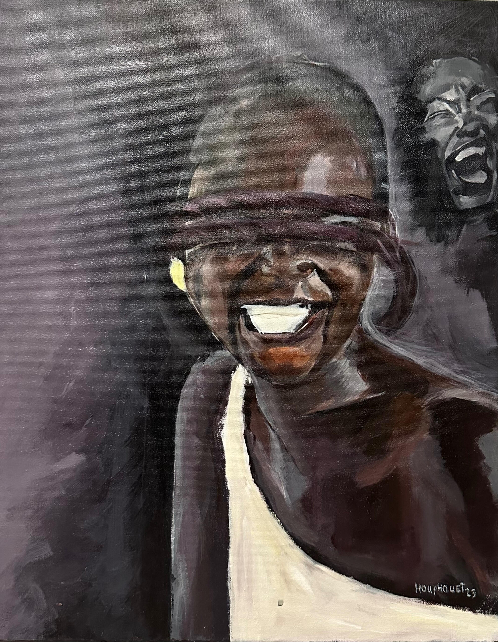 This work explores the contrast between the smiles we show and the silence we keep inside. The blindfold represents unspoken emotions, while the hidden face in the background reflects the pain we don’t reveal. A reflection on the masks we wear to survive.