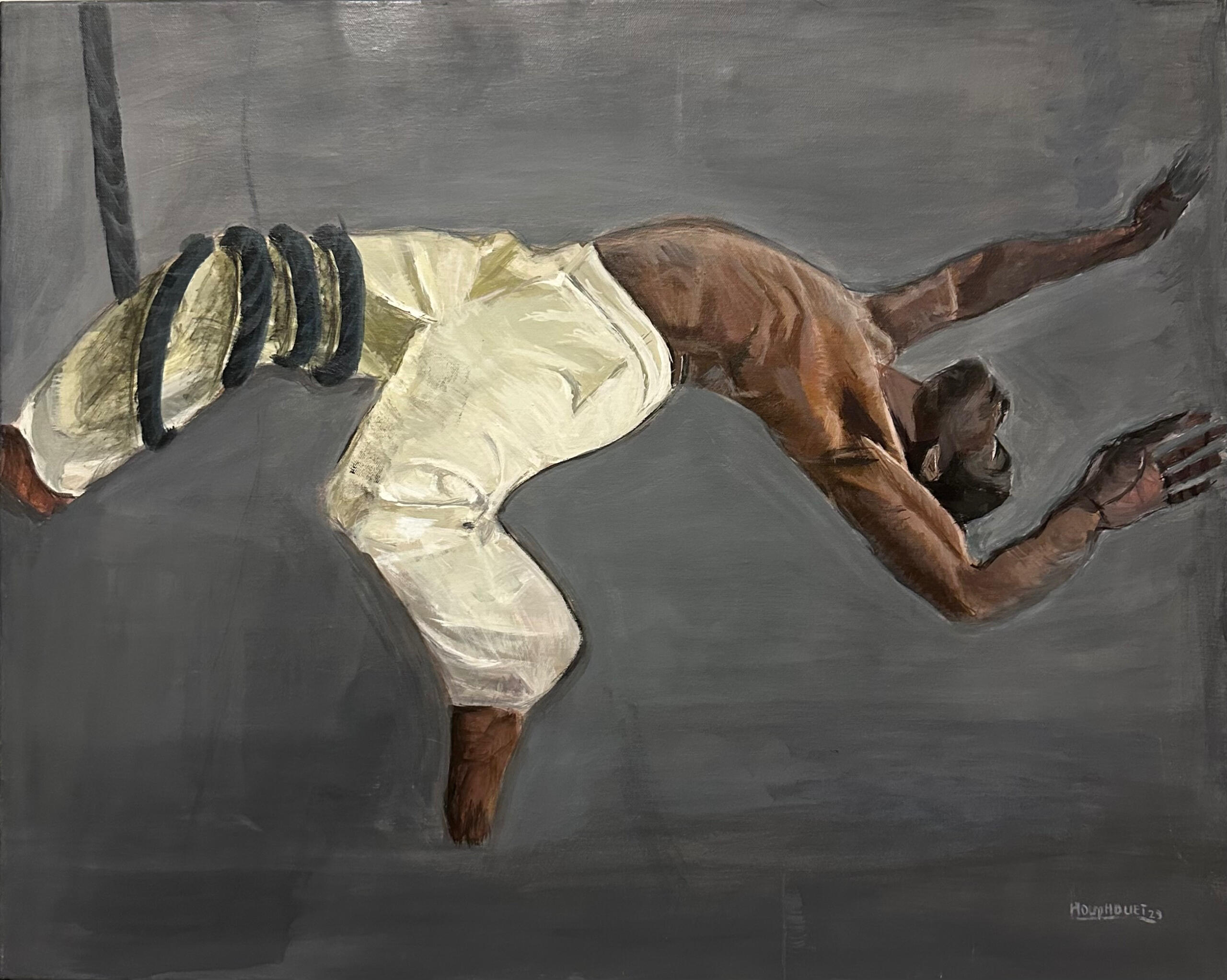 Thread of Hope (2023) Acrylic on canvas - 62 × 77 cm This painting portrays a man falling into the void, tied by a single thin rope. That rope is hope — fragile yet strong enough to hold him. It symbolizes life, the invisible thread that keeps us connected even when we feel like letting go.