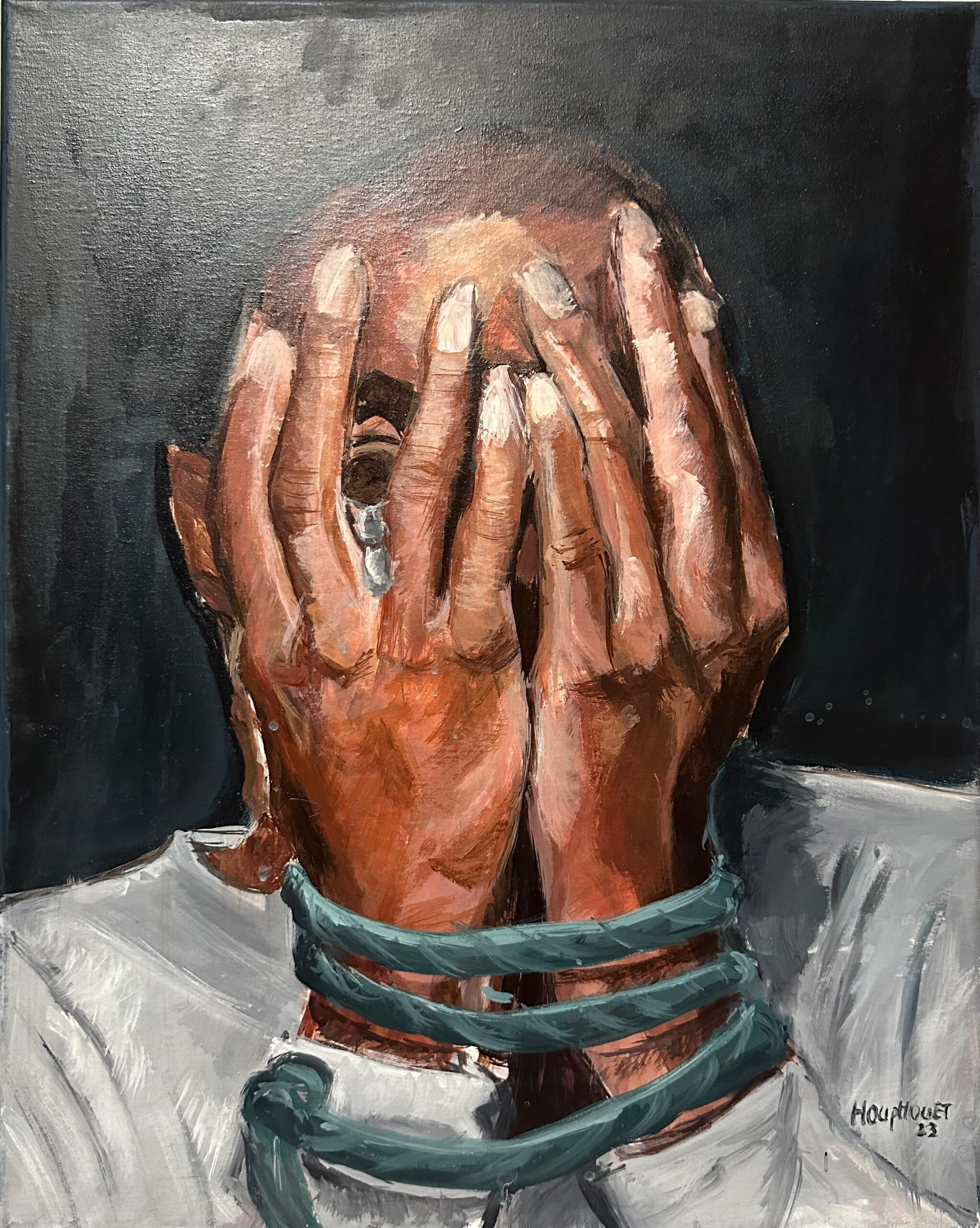 Chained Tears (2023) Acrylic on canvas - 41.5 × 51.7 cm This piece reflects the silent suffering of men facing cultural pressure to hide their emotions. The hands covering the face symbolize repression, while the title Chained Tears evokes the struggle of being trapped behind a façade of strength.
