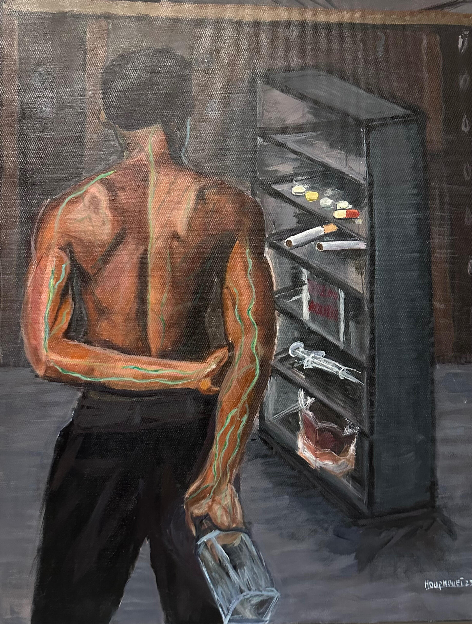 This work reveals the hidden side of addiction — emptiness, isolation, and inner struggle. It speaks of the invisible barrier between reality and illusion, showing how dependency creates a constant conflict within the self.