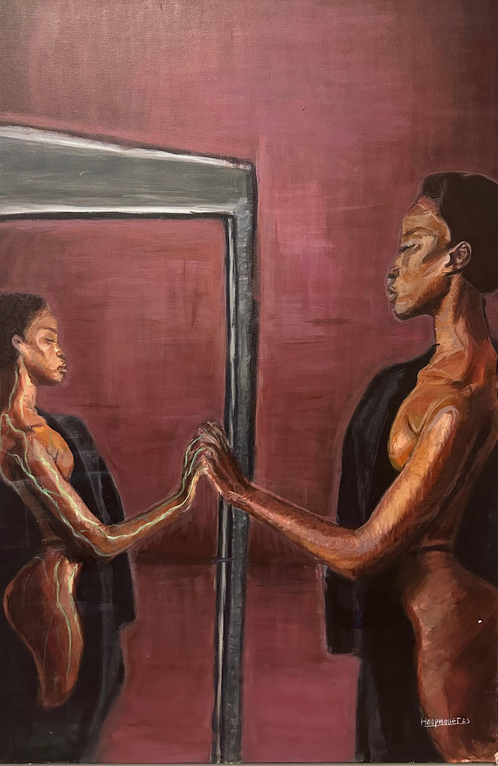 Toward the Essence (2023) Acrylic on canvas – 61 × 92.5 cm This work reflects a journey of self-discovery — moving beyond appearances to reach the true core of oneself. It speaks of authenticity, inner truth, and the search for self-knowledge and acceptance.