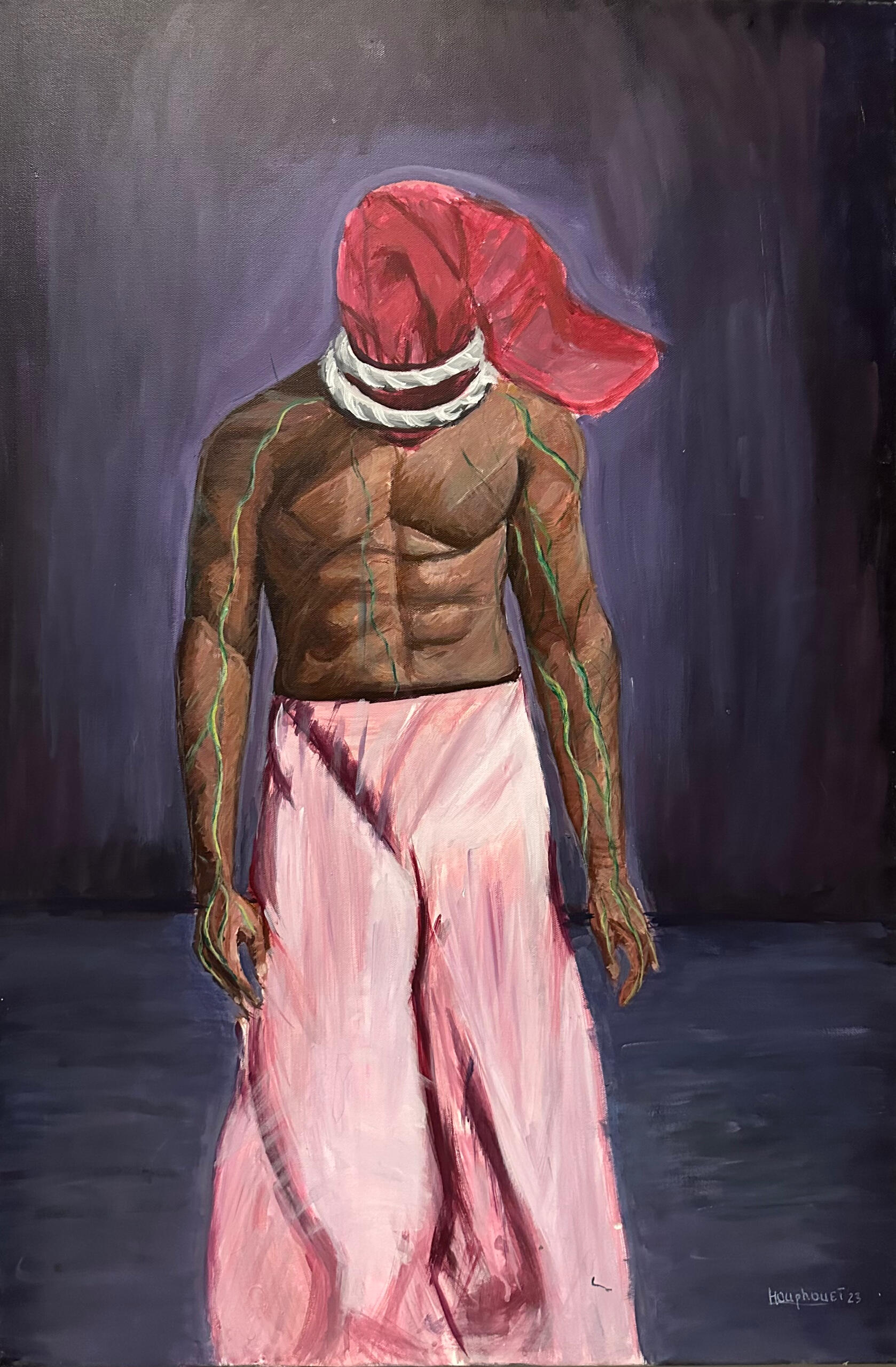 The Shadow of the Self (2023) Acrylic on canvas – 61 × 92.5 cm This piece reflects the silent suffering of men facing cultural pressure to hide their emotions. The hands covering the face symbolize repression, while the title Chained Tears evokes the struggle of being trapped behind a façade of strength.